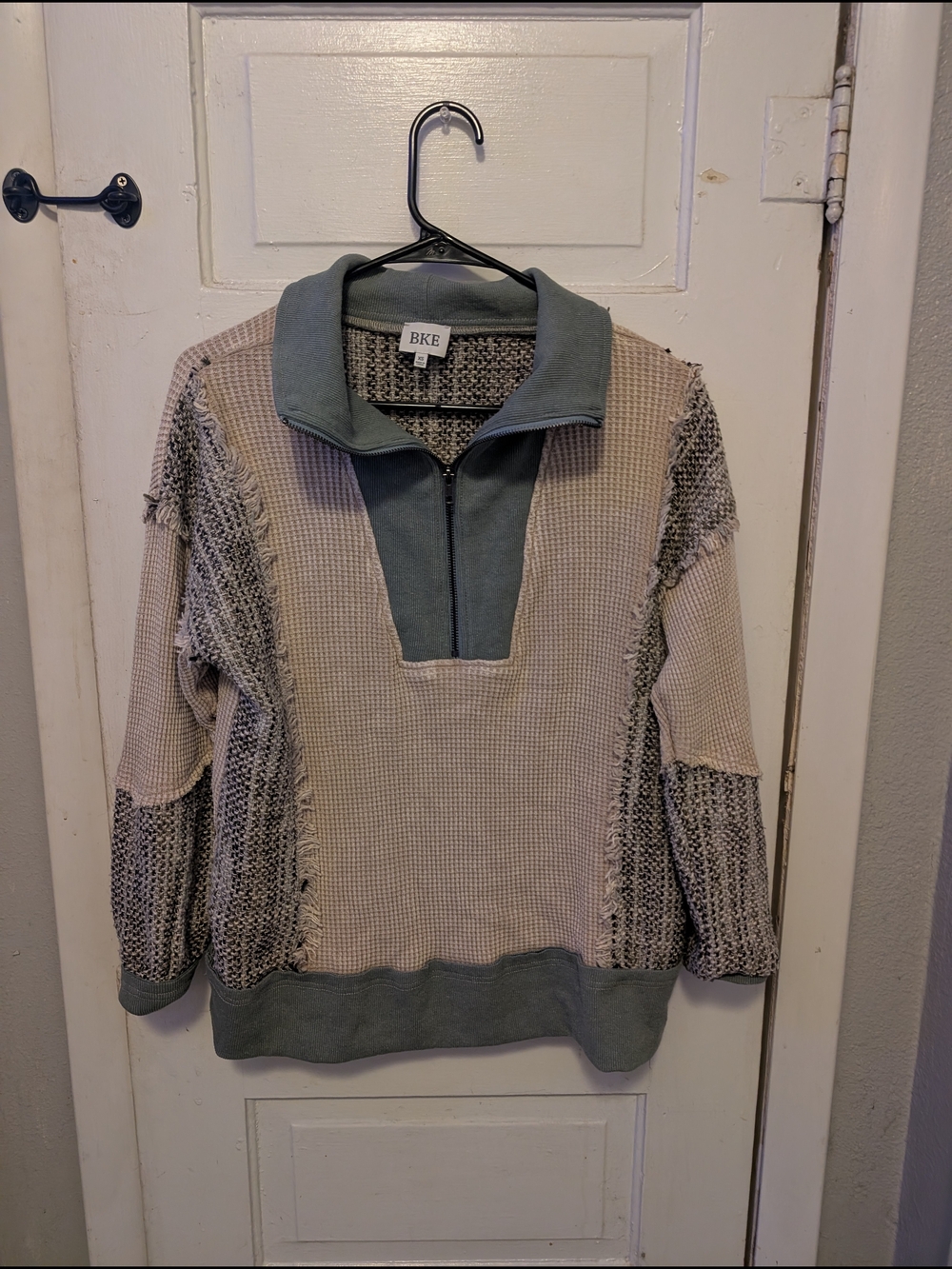 BKE Two-Tone Waffle Half-Zip Pullover in Beige and Sage